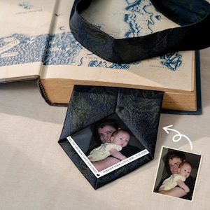 May include: A dark blue necktie with a subtle floral pattern featuring a custom photo print of a person holding a baby. The print includes the text: DAD, THE FIRST MAN I HAVE EVER LOVED FOREVER YOUR LITTLE GIRL, 11.12.2025. A separate photo is shown.