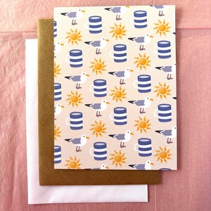 Mouettes, soleil et cornishware, blanc, mat texturé, carte de voeux