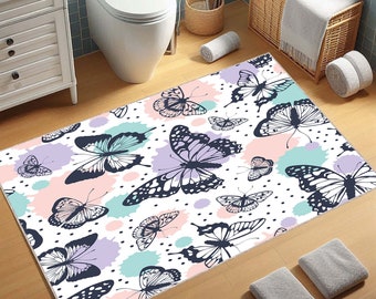 Butterflies Bath Mat, Abstract Butterflies Bath Mat, Butterfly Bath Mat, Watercolor, Rustic Print Bathroom Rug, Minimalist Bathroom Decor