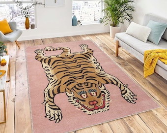 Tiger Lion Figure Indoor Rug, Animal Floor Rug, Tiger Skin Art Rug, Bengal Tibet Rug, Modern Tiger Pattern Carpet
