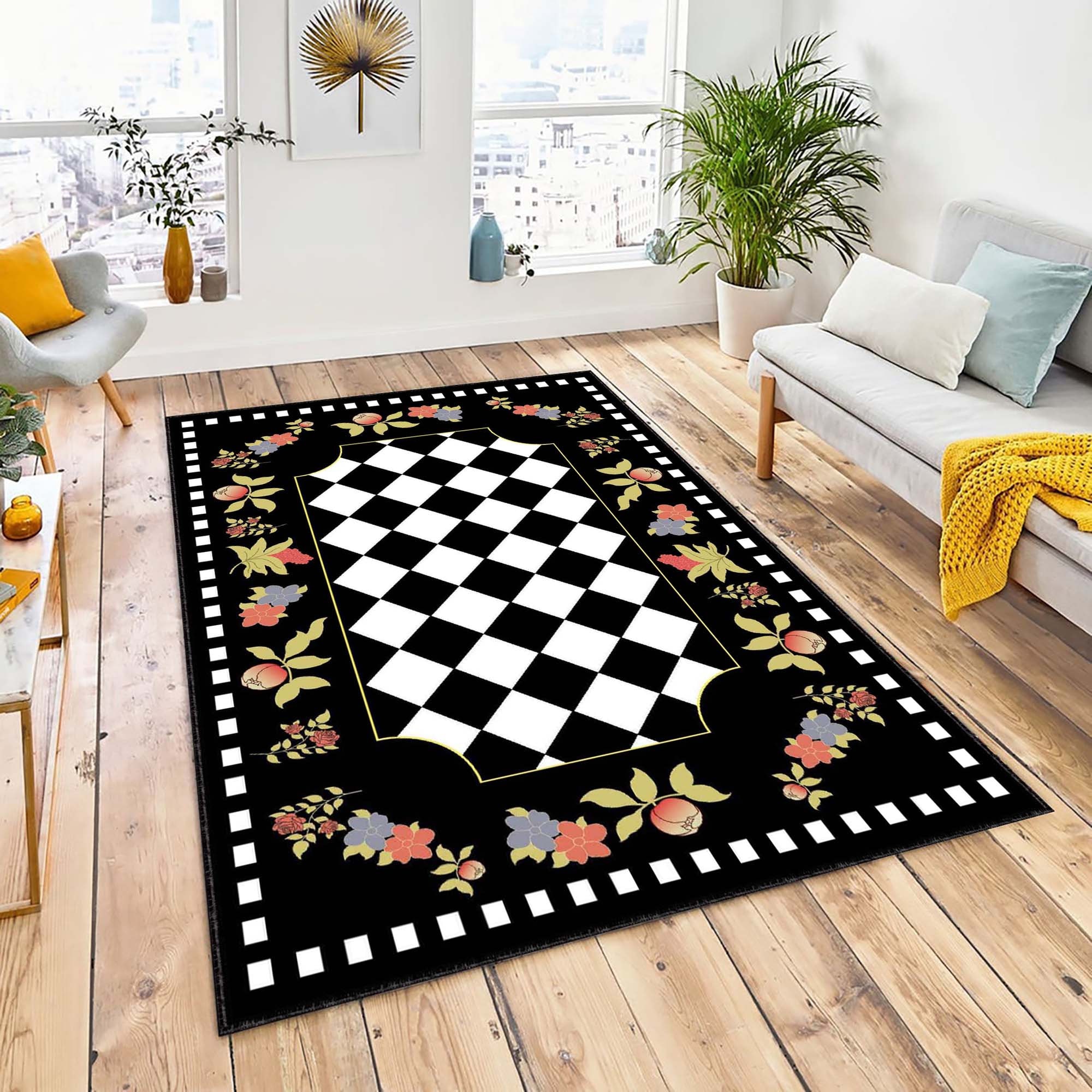 Embrodiered Pattern Area Rug, Black Diamond Runner, Gold Border  