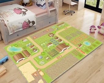 Personalized kids play mat with Green farm roads and Fields vegetable gardens, Kids room decor area play mat, nursery rug kids play mat