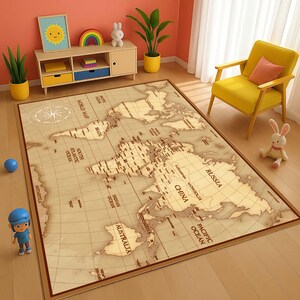 Weltkarte Teppich, Vintage Stil, Karte, Reise-Dekor, Landkarte Teppich, Antiker Stil, Globus, Geographie Kunst, Earth Design, Bodenteppich
