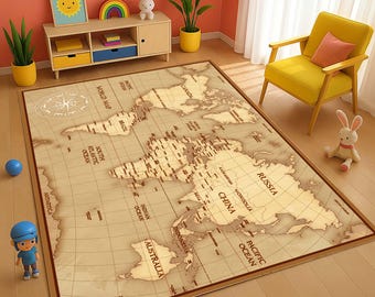 Puede incluir: Alfombra rectangular con un mapa del mundo en tonos beige y marrón. El mapa incluye continentes, océanos y nombres de países. La alfombra, con borde marrón, está sobre un suelo de madera. Medidas no disponibles.