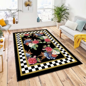Check Area Rug - Black Floral Carpet - Greek Key Anti Slip Rug - Polka Dot Floor Mat - White Rug For Living Room - Bordered Runner 6x9 Rug