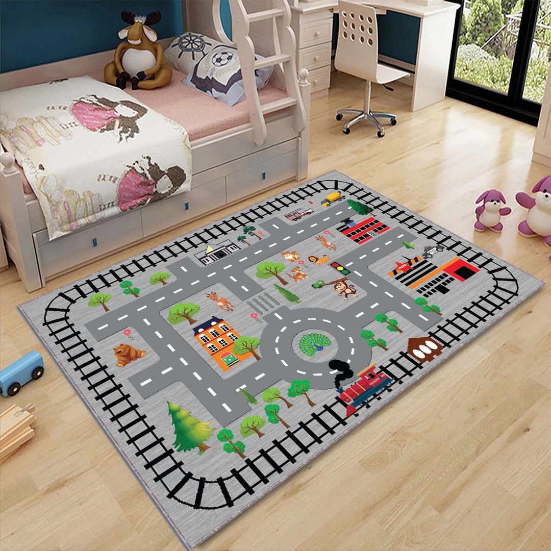 Tappeto da gioco per bambini con motivo a binari del treno