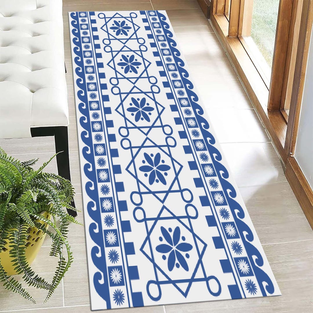 Border Rug Runner Greek Border Runner Rug, Blue Rug, Runner Rug, Entry Rug, Anti Slip ...