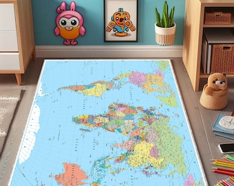 May include: A light blue world map rug with colorful borders around each country. The rug is laid out on a wooden floor in a room with a light blue wall.