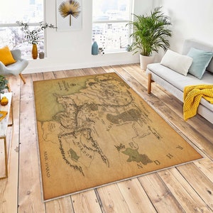 Vloerkleed Lord of the Ring-kaarten, midden van de kaart, vloerkleed aardekaart, fantastische kaart, vloerkleed kaartdecor, retro kaartkleed