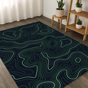 Art de la carte topographique, lignes abstraites, décoration géométrique, motif contours, art moderne, impression d'art au trait, tapis aux tons ocre, inspiré de la nature, design minimaliste
