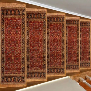 May include: A set of five wooden panels with intricate red and gold patterned rugs attached to them. The panels are arranged in a row, with the top edge of each panel slightly overlapping the one below it.