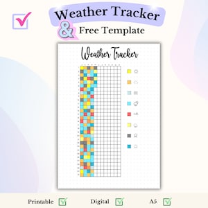May include: A printable weather tracker template with a grid for each month of the year. The grid is divided into 31 squares, each representing a day of the month. The template includes a key with icons for different weather conditions, such as sunny, cloudy, rainy, windy, and snowy.