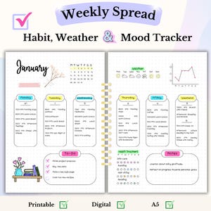 Weekly Spread Bullet Journal Page A5 Printable Digital Planner Undated Weekly Planner Bujo Monthly Page Habit Tracker Mood Tracker