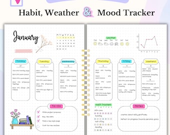 Weekly Spread Bullet Journal Page A5 Printable Digital Planner Undated Weekly Planner Bujo Monthly Page Habit Tracker Mood Tracker