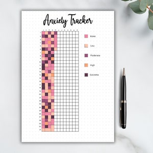 May include: A printable anxiety tracker with a grid of squares for each day of the month. The squares are color-coded to indicate the level of anxiety experienced, from none to extreme. The colors used are pink, peach, purple, orange, and dark purple.