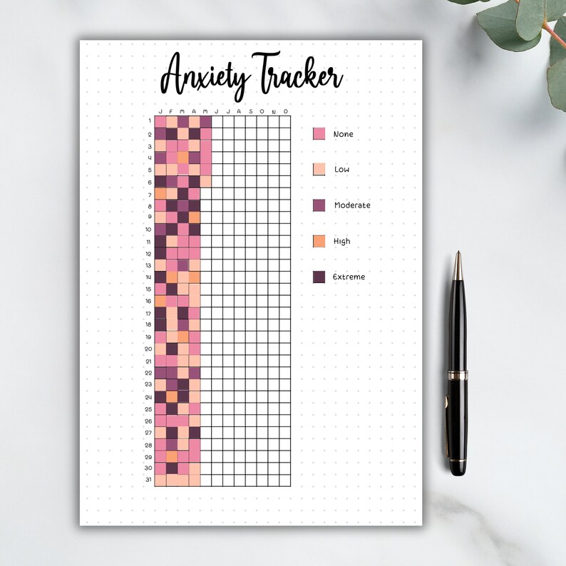 May include: A printable anxiety tracker with a grid of squares for each day of the month. The squares are color-coded to indicate the level of anxiety experienced, from none to extreme. The colors used are pink, peach, purple, orange, and dark purple.