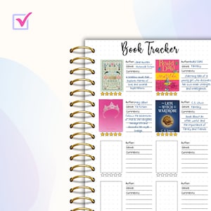 May include: A book tracker page with a list of books and their authors, genres, and comments. The page features a variety of book covers, including "Pride and Prejudice", "Matilda", "The Lion, the Witch, and the Wardrobe", and "The Witch", along with a five-star rating system.