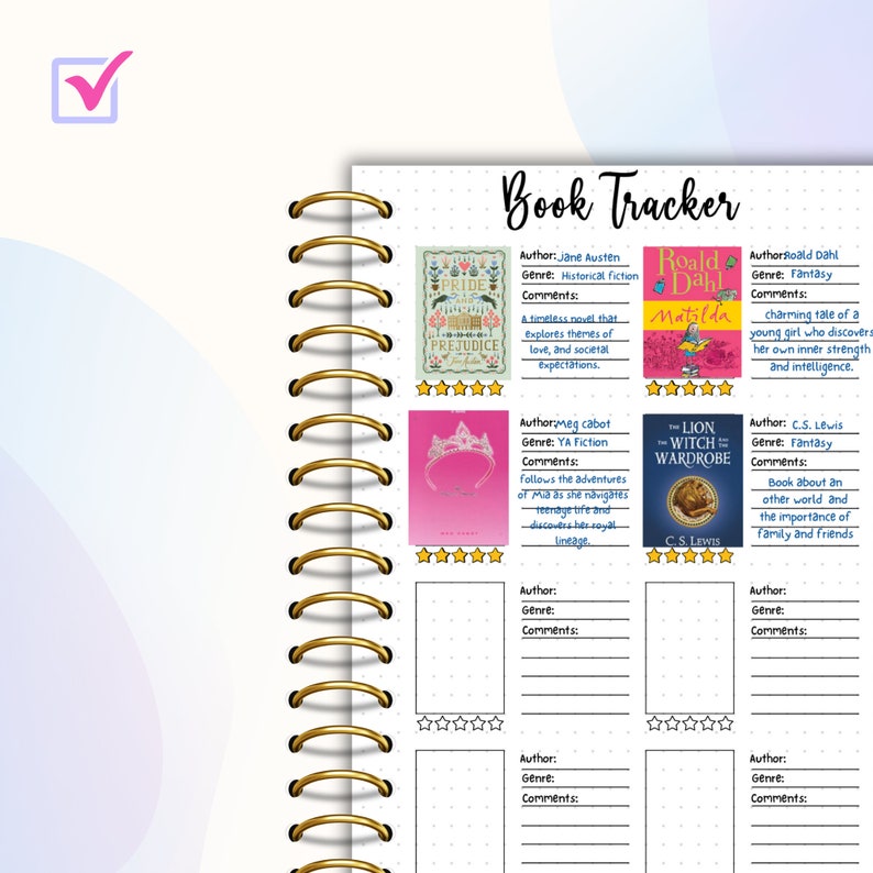 May include: A book tracker page with a list of books and their authors, genres, and comments. The page features a variety of book covers, including "Pride and Prejudice", "Matilda", "The Lion, the Witch, and the Wardrobe", and "The Witch", along with a five-star rating system.
