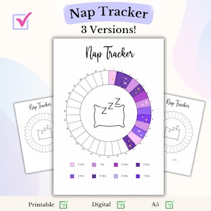 Op de afbeelding: Printbare slaaptracker met een paars en roze kleurenschema. De tracker is een cirkel die is verdeeld in secties die verschillende slaaptijden voorstellen. Het midden van de cirkel toont een kussen met de tekst "zzz" erop.