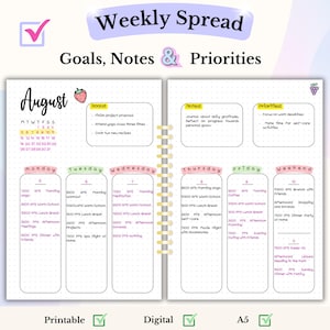 Op de afbeelding: Een weekplanner met een roze en groene kleurschema. De planner heeft een sectie voor doelen, notities en prioriteiten. De planner is verdeeld in dagen van de week, met een sectie voor elke dag om taken en afspraken op te schrijven. De planner heeft ook een sectie voor het weekend.