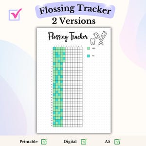 Puede incluir: Un rastreador de uso de hilo dental imprimible y digital con una cuadrícula para 31 días. El rastreador tiene un esquema de color verde y azul con una ilustración de un diente y un palillo de hilo dental. El texto "Flossing Tracker" está en la parte superior de la página.