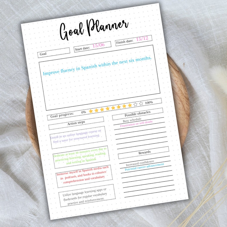 Puede incluir: Un planificador de objetivos imprimible con un fondo punteado. El planificador se titula "Goal Planner" e incluye secciones para el objetivo, la fecha de inicio, la fecha de finalizaci&oacute;n, el progreso del objetivo, los pasos a seguir, los posibles obst&aacute;culos y las recompensas. El objetivo es "Mejorar la fluidez en espa&ntilde;ol dentro de los pr&oacute;ximos seis meses."