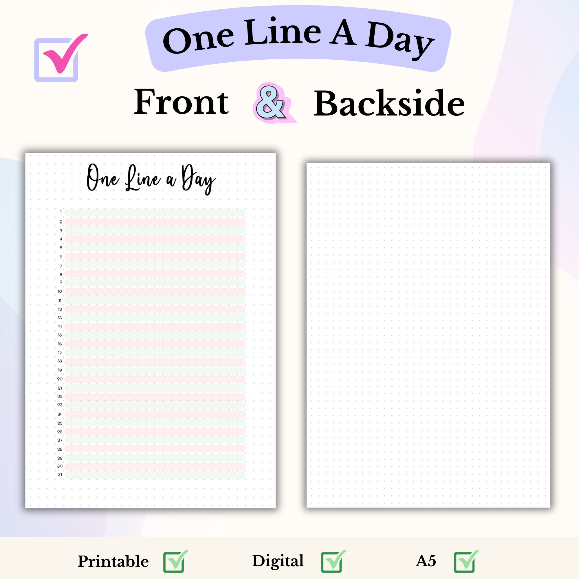 One Line a Day Bullet Journal Page A5 Gratitude Journal Printable ...