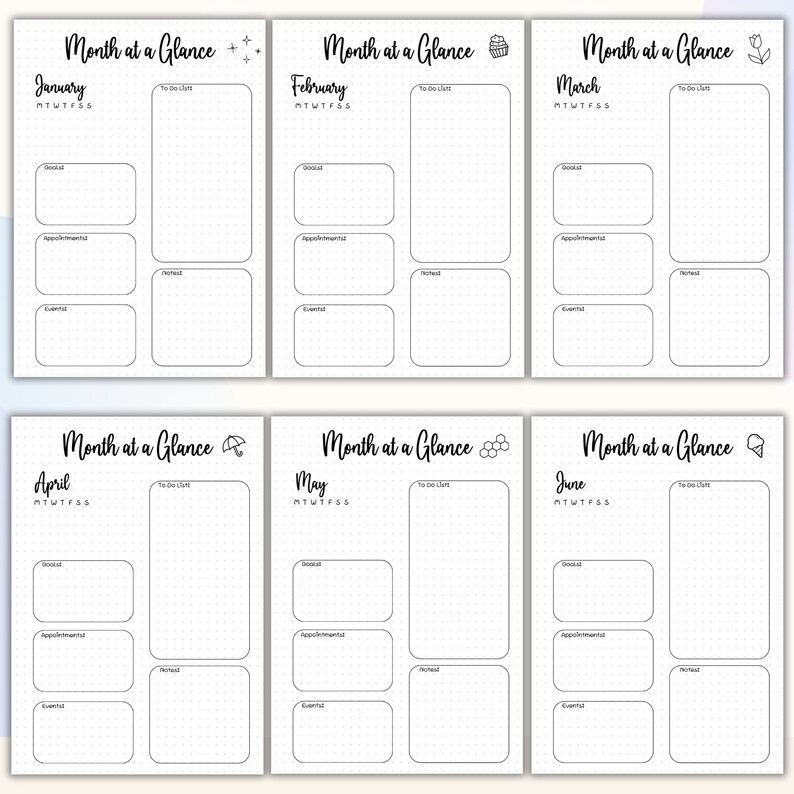 12 Month at a Glance Bullet Journal Pages Monthly Planner Journal Printable Planner Monthly to