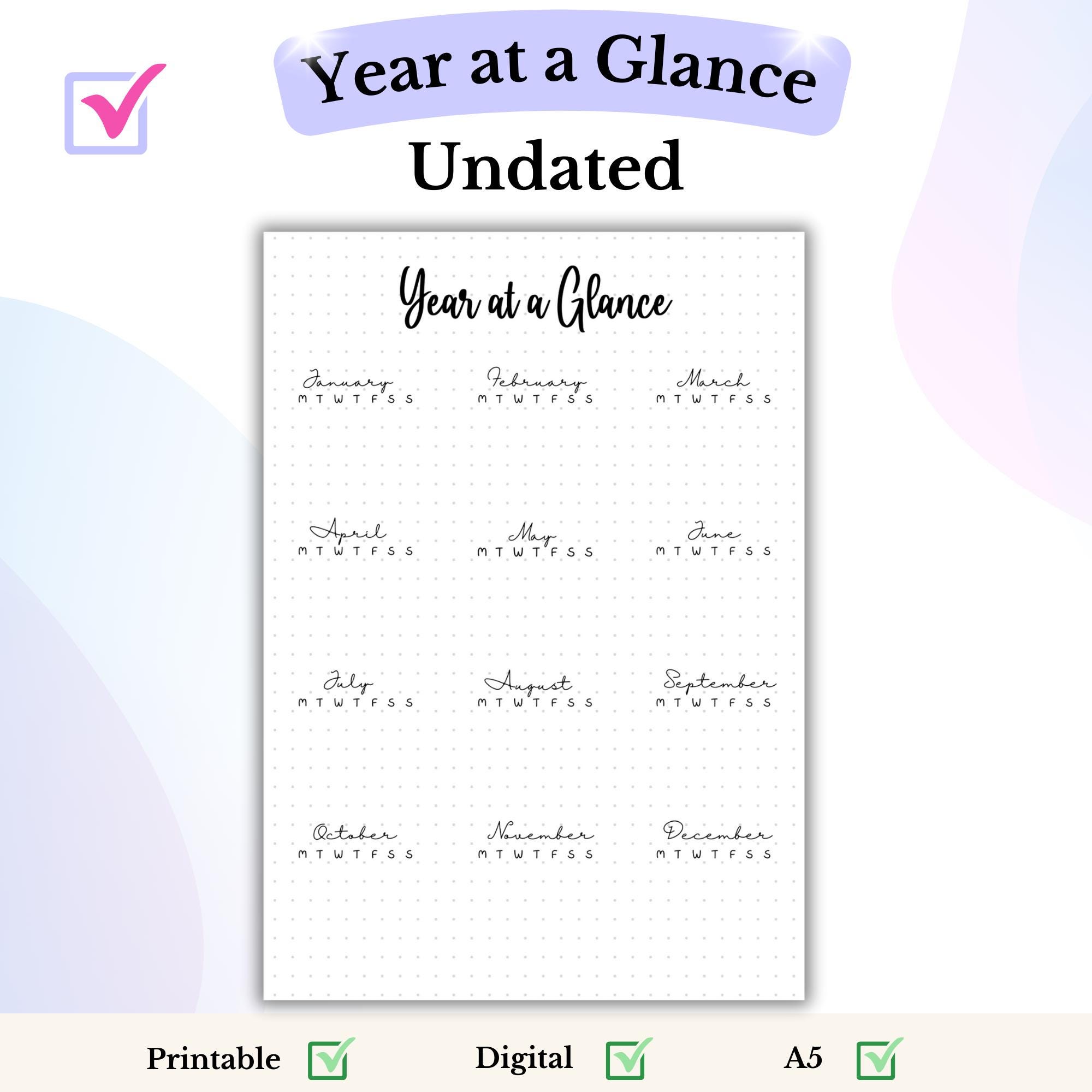 Year at a Glance Bullet Journal A5 Printable Dated and Undated Yearly ...