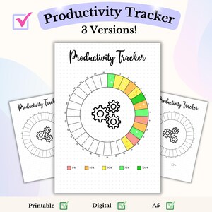 May include: Printable productivity tracker with three versions. The tracker is a circle divided into 24 sections with a gear icon in the center. The sections are color-coded to represent 0%, 25%, 50%, 75%, and 100% completion.
