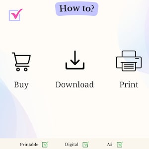 Puede incluir: C&oacute;mo hacerlo? Una lista de verificaci&oacute;n con marcas de verificaci&oacute;n junto a las palabras "Imprimible", "Digital" y "A5". Tres iconos representan los pasos para comprar, descargar e imprimir un producto digital. Los iconos son un carrito de compras, una flecha hacia abajo y una impresora.