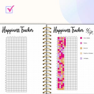 May include: A happiness tracker with a grid of 31 squares for each month of the year. The grid is filled in with colored squares to represent different levels of happiness: very happy, happy, neutral, slightly unhappy, and unhappy.