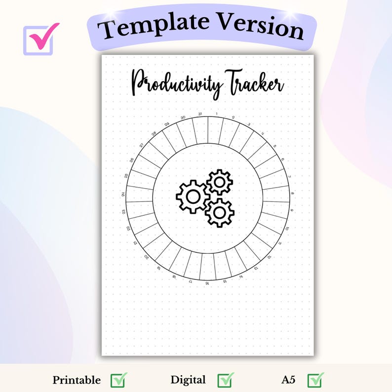 May include: A printable productivity tracker template with a dotted background. The template features a circle divided into 30 sections with numbers 1-30. In the center of the circle are three gears.