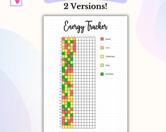 May include: A printable and digital energy tracker with a grid for tracking energy levels throughout the year. The grid is colour-coded with five levels: none, low, moderate, high, and extreme.