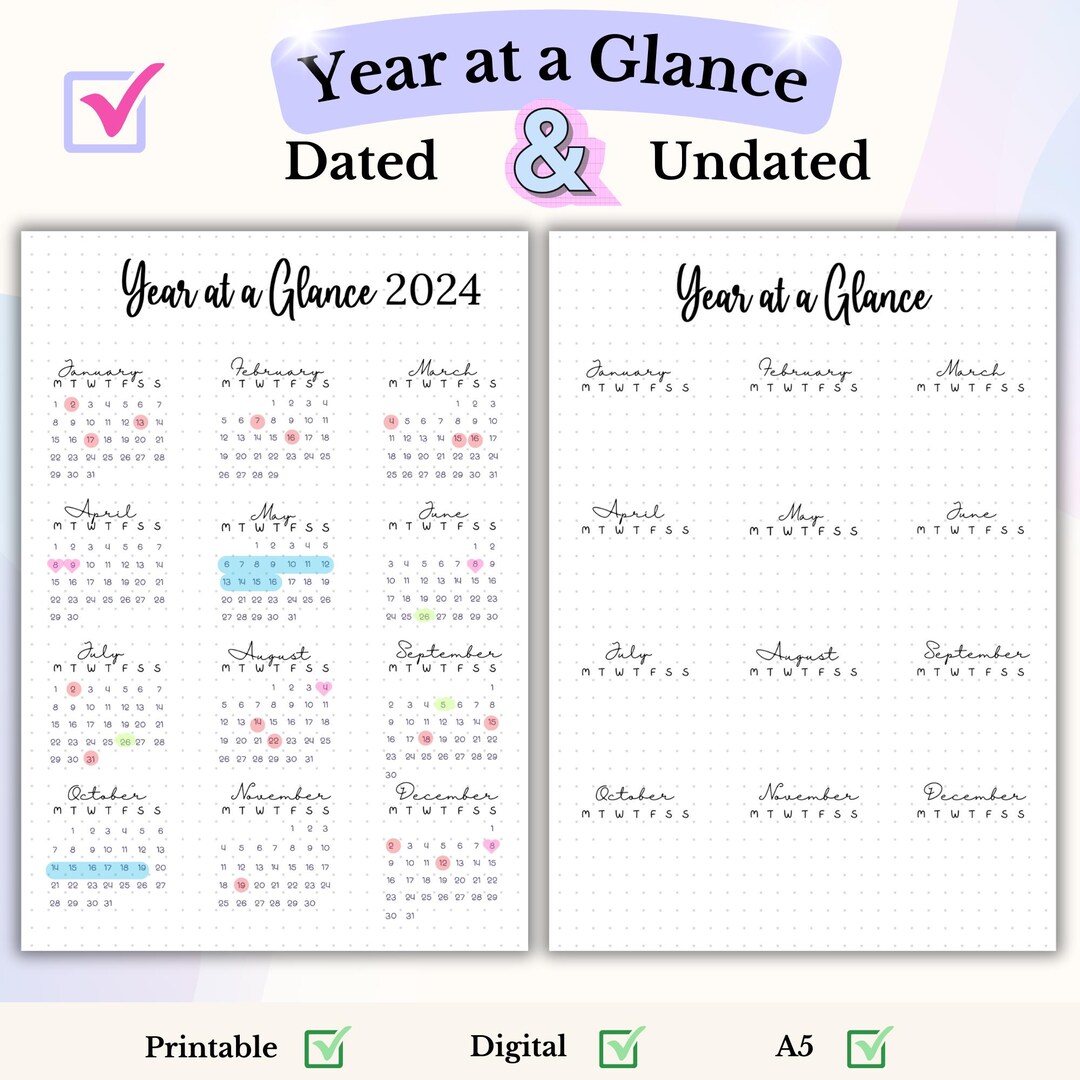Year at a Glance Bullet Journal A5 Printable Dated and Undated Yearly ...
