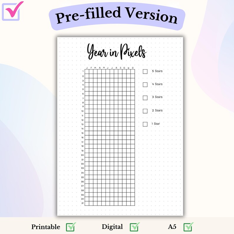 Year in Pixels Bullet Journal Printable Page PDF Yearly Mood Tracker ...