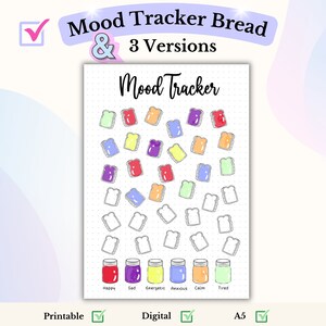Puede incluir: Un rastreador de humor imprimible con un tema de pan y mermelada. El rastreador presenta 30 rebanadas de pan con diferentes rellenos de mermelada de colores. La parte inferior de la página tiene seis frascos de mermelada etiquetados con diferentes estados de ánimo: Feliz, Triste, Enérgico, Ansioso, Tranquilo y Cansado.
