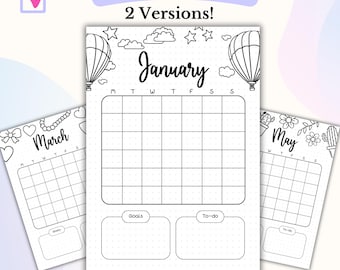 12-miesięczny kalendarz stron Bullet Journal Bundle Miesięczny planer Dziennik do druku Miesięczny planer do zrobienia bez daty Bujo