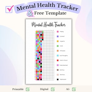 Peut inclure: Un suivi de santé mentale imprimable avec une grille de 31 jours et une clé de couleur pour différentes humeurs et sentiments, y compris heureux, content, plein d'espoir, calme, stressé, pensées tristes, attaque de panique, submergé, anxieux, agité et déprimé.