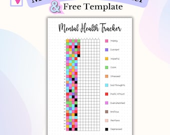 May include: A printable mental health tracker with a grid of 31 days and a color-coded key for different moods and feelings, including happy, content, hopeful, calm, stressed, sad thoughts, panic attack, overwhelmed, anxious, restless, and depressed.