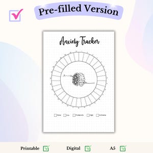 May include: Printable anxiety tracker with a brain illustration and a circle divided into sections for rating anxiety levels from none to extreme.