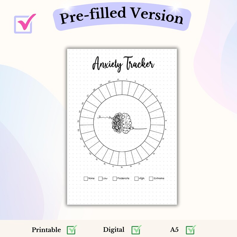May include: Printable anxiety tracker with a brain illustration and a circle divided into sections for rating anxiety levels from none to extreme.