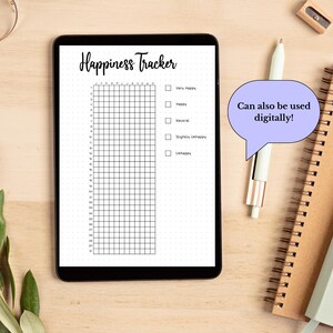 May include: A digital planner with a grid for tracking happiness levels. The planner has a title that says "Happiness Tracker" and includes a checklist with options for "Very Happy", "Happy", "Neutral", "Slightly Unhappy", and "Unhappy". The text "Can also be used digitally!" is in a speech bubble.