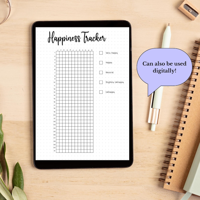 May include: A digital planner with a grid for tracking happiness levels. The planner has a title that says "Happiness Tracker" and includes a checklist with options for "Very Happy", "Happy", "Neutral", "Slightly Unhappy", and "Unhappy". The text "Can also be used digitally!" is in a speech bubble.