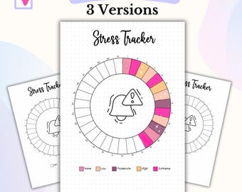 May include: Printable stress tracker with three versions. The tracker is a circle divided into sections with a bell icon in the center. The sections are labeled "None", "Low", "Moderate", "High", and "Extreme".