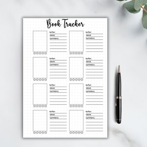 May include: A black and white printable book tracker with a dotted background. The tracker has eight sections for recording book details, including author, genre, and comments. Each section includes a space for a book cover and a five-star rating system.