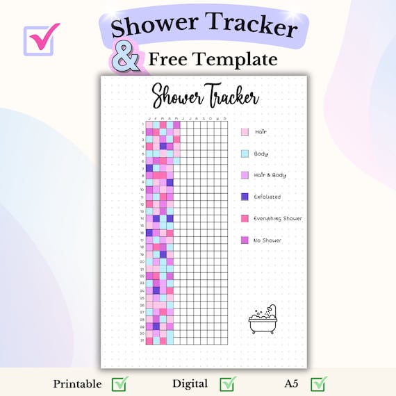 Shower Tracker A5 Bullet Journal Page Digital Monthly Tracker Insert Yearly Tracker Self Care