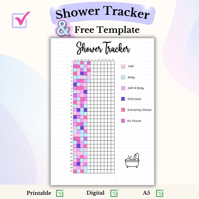 Puede incluir: Un rastreador de ducha imprimible con una cuadr&iacute;cula para cada d&iacute;a del mes. La cuadr&iacute;cula est&aacute; codificada por colores para rastrear diferentes tipos de duchas, incluyendo cabello, cuerpo, cabello y cuerpo, exfoliado, todo y sin ducha. El rastreador tambi&eacute;n incluye una peque&ntilde;a ilustraci&oacute;n de una ba&ntilde;era con una ducha.