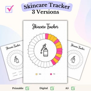 Könnte beinhalten: Drei Versionen eines druckbaren Hautpflege-Trackers. Der Tracker ist ein Kreis, der in 30 Abschnitte unterteilt ist. Jeder Abschnitt steht für einen Tag des Monats. Der Tracker soll Ihnen helfen, Ihre Hautpflege-Routine zu verfolgen. Der Tracker ist in den Größen druckbar, digital und A5 erhältlich.