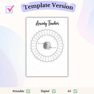 May include: Printable anxiety tracker with a brain illustration. The tracker is a circle with numbers 1-30 around the edge. The brain is drawn with a tangled line on one side and a clear line on the other.